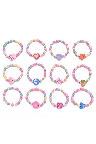 Choice 12pcs 12Pcs/Pack Color Bracelet Cartoon Children Wooden Beads for Girl Birthday Party Favors Baby Sh