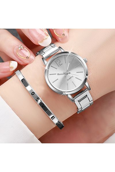 Choice Silver Set 2PCS Women's Watch Fashion Gold Steel Band Quartz Wristwatch Opening Cuff Bracelet Set