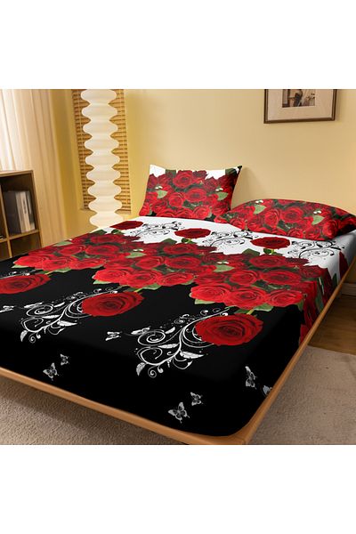 Choice 200x220cm Delicate red rose 1 Simple modern Plant Flower Butterfly printed matte Fitted Sheet, bedro