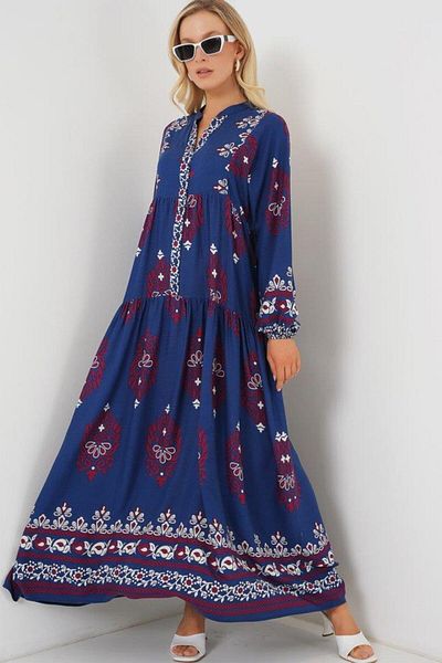 Aymood 2423 Authentic Patterned Hijab Dress - Petrol 1