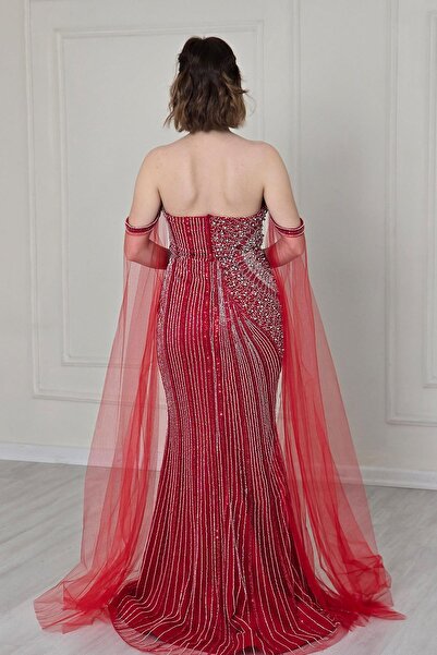 Yonca Moda Evi Kırmızı Tül Detaylı Abiye 910