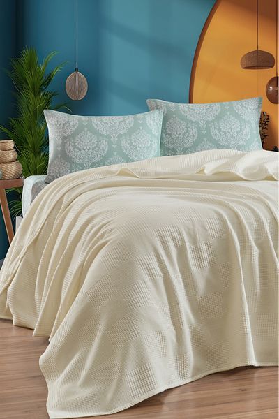Eponj Home Fitted Sheet Pique Set Double 100% Cotton 4 Piece Post Patterned Cream – Weave Series