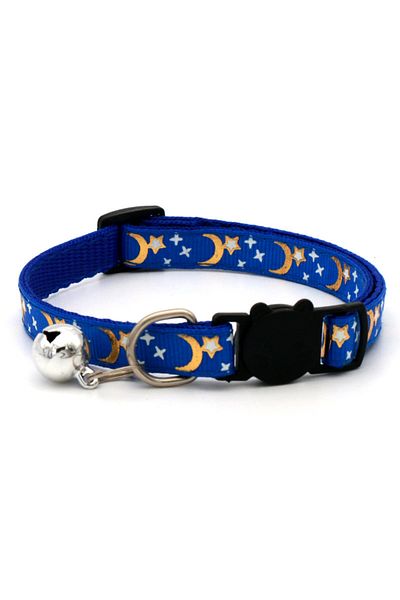 Choice S Blue Gold Stars and Moon Cat Collar with Reflective Safety Buckle and Bell