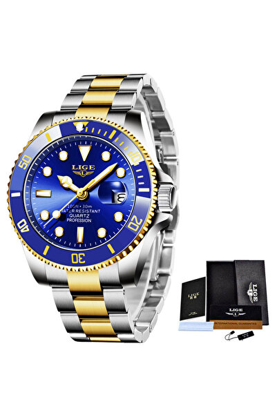 Lige ساعة LIGE للرجال من أفضل العلامات التجارية الفاخرة باللون الذهبي والأزرق...