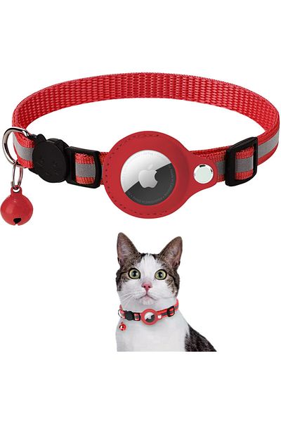 Choice Red Cat AirTag Holder Collar Breakaway Reflective Strips Adjustable Kitten Collar Waterproof Cat Bel