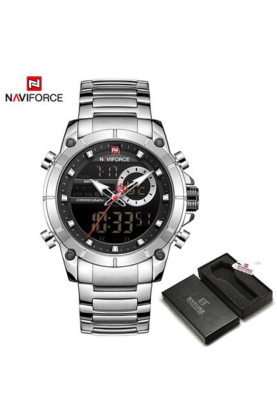 Naviforce SB BOX NAVIFORCE 9163 Luxury Original Sport Wrist Watch For Men Quartz Steel Waterproof Dual Display