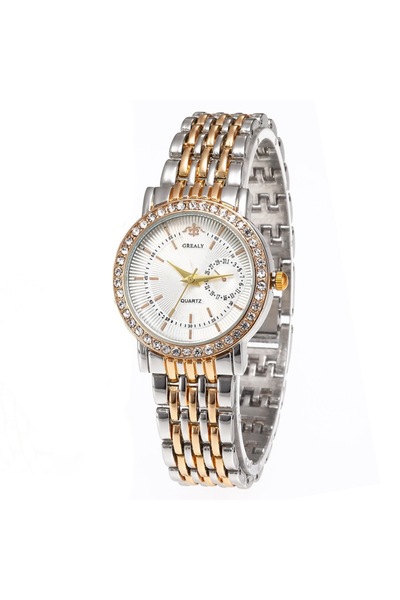 Choice ساعة كوارتز نسائية فاخرة جديدة باللون الذهبي الأبيض بتصميم عصري كاجوال بأحجار الراين دائرية من الكوارتز