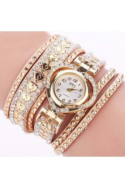Choice Beige Luxury Women Heart Dial Shiny Design Quality Women Quartz Watch Fashion Rhinestone Bracelet Wr