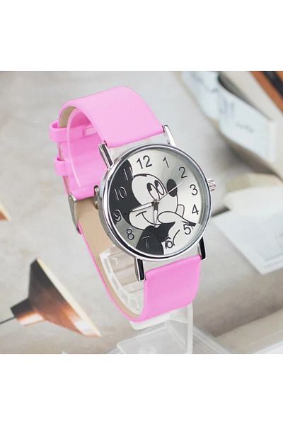 Miniso Pink Disney Mickey Children's Watches For Kids Leather Strap Ladies Quartz Clock Student Watch for b