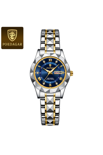 Choice ساعة يد نسائية فاخرة أنيقة باللون الذهبي والأزرق مقاومة للماء وتاريخ الأسبوع من الفولاذ المقاوم للصدأ.