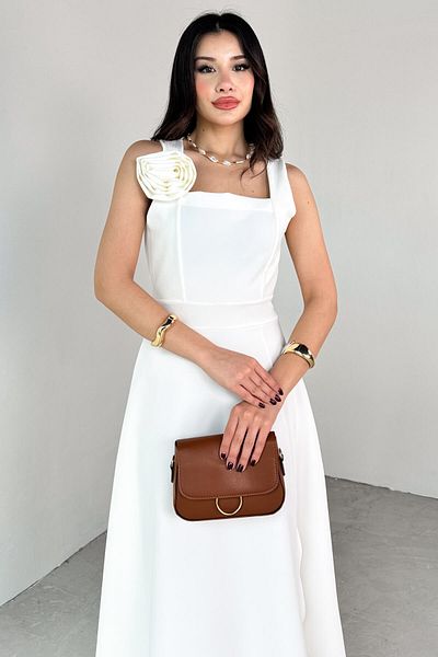 Cappmoda Elb-01794 White Square Neck Rose Detail Side Zipper Dress