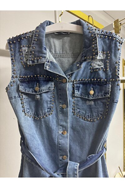 SEVA TEKSTİL Zımbalı Önden Düğmeli Tasarım Mavi Jean Elbise