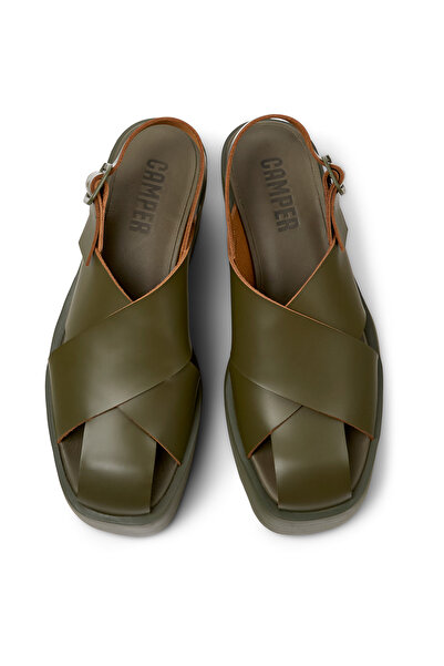 CAMPER Women’s Green Genuine Leather Heeled Sandal with Hook And Loop Straps for All-Day Comfort Billlie