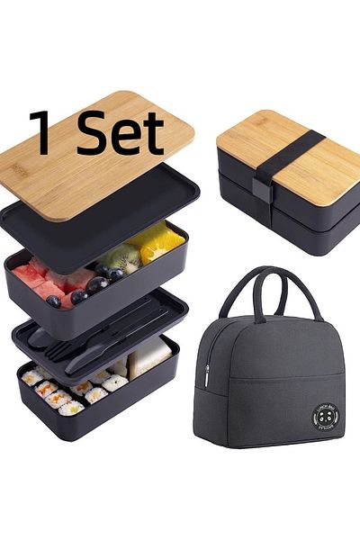 Choice Black-C 1200ML Divided Lunch Box Picnic Microwave Wooden Cover Japanese Bento Box Portable Double La