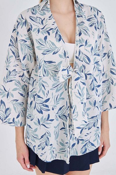 armonika Women's Light Mint Patterned Linen Look Front Tie Kimono Shirt Arm-24Y001079