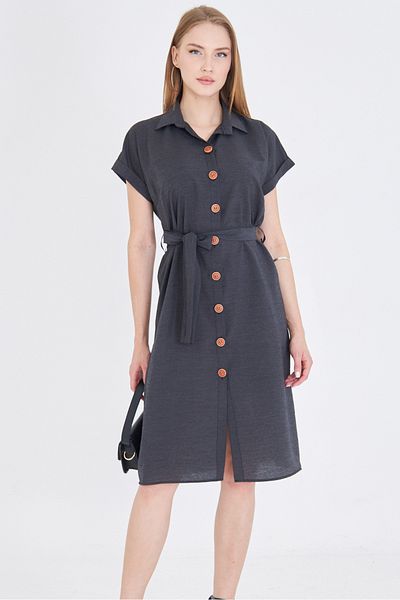 armonika Women's Anthracite Waist Belted Short Sleeve Shirt Dress Arm-25Y001065