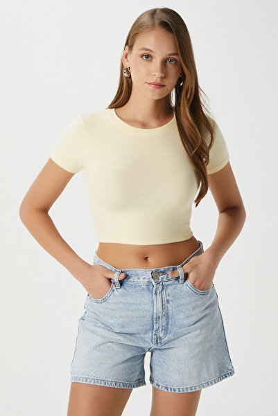 Ritnice Women's Deal Lux Touch Soft Texture Crop Butter Yellow Blouse