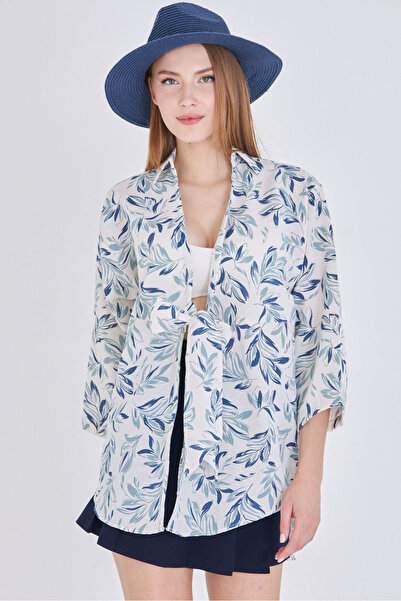 armonika Cămașă kimono cu șireturi în față pentru femei, cu model mentă deschisă, cu aspect de in ARM-24Y001079