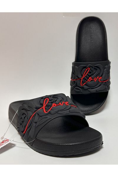 GEZER Black Love Rose Relief Detailled Non-Slip Eva Anatomic Sole Women's Wet Floor, Home and Street Slippers