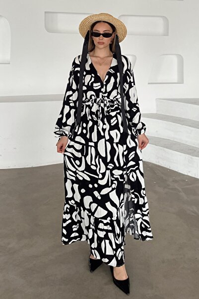 Olcay Detailní vzorované šaty s výstřihem do V a rozparkem ČERNÉ 9350-E