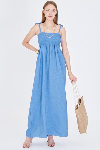armonika Rochie lungă pentru femei, cu bretele indigo, cu șireturi, piept Gipe elastic ARM-25Y001069