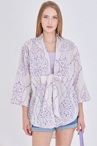 armonika Women's Lilac Patterned Linen Look Front Tie Kimono Shirt Arm-24Y001079