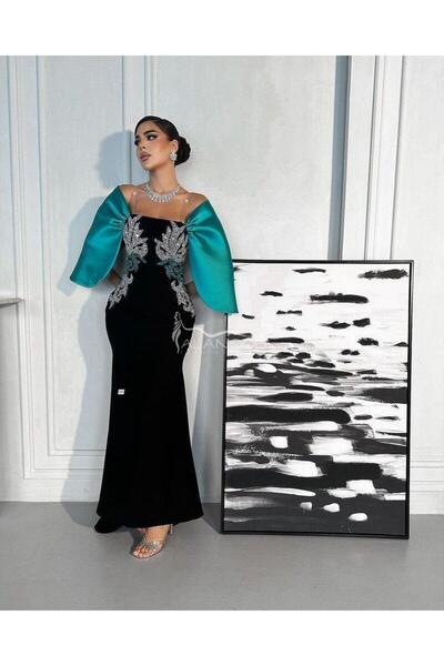 ALANOOD FASHION فستان سهرة مطرز يدوي باكمام واسعه بلون تيفاني بتصميم عصري فخم