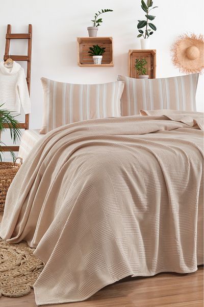 Eponj Home Sheet Pique Set Double Size 100% Cotton 4 Piece Soft Striped Patterned Beige – Weave Series