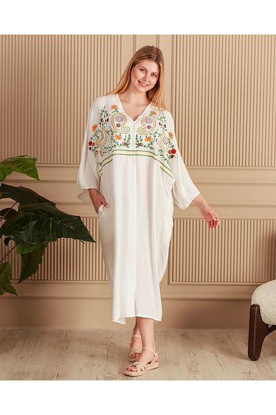 EMY TEKSTİL Women's Large Size Embroidered Buttoned Viscose Long Dress White