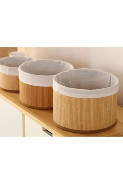 Hibana 3'lü Bambu Sepet Naturel Astarlı Çok Amaçlı Saklama Kutusu - Banyo Koz...