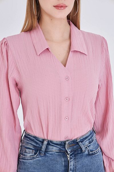 armonika Women's Powder V-Neck Balloon Sleeve Wrinkle Shirt Arm-25K001088