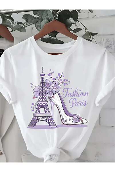 Boi أزياء باريس مطبوعة تي شيرت قطن أبيض للمرأة
