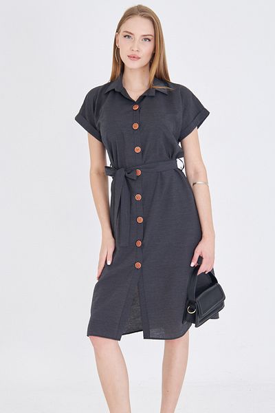armonika Women's Anthracite Waist Belted Short Sleeve Shirt Dress Arm-25Y001065