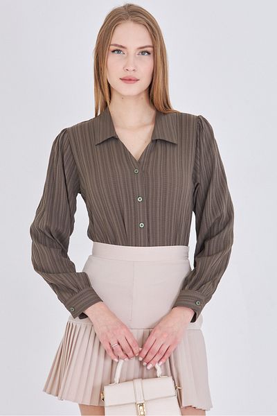 armonika Women's Khaki V-Neck Balloon Sleeve Wrap Shirt Arm-25K001088