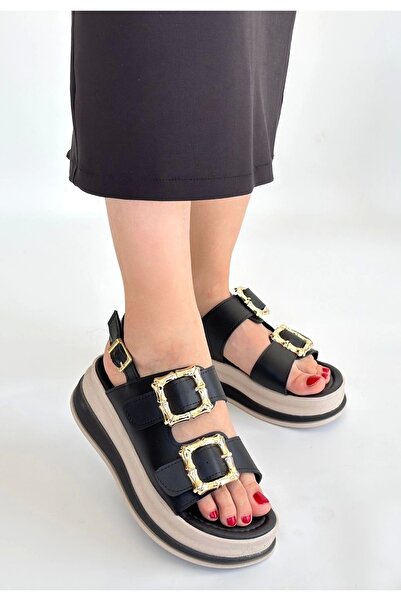 Erbilden صندل جلد أسود من ستان