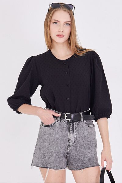 armonika Women's Black Crew Neck Quarter Sleeve Shirt Arm-25Y001062