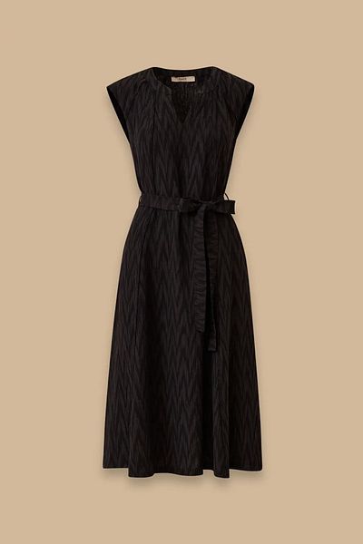 SEÇİL Women's Belted V-Neck Textured Dress - Black