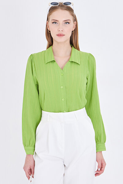 armonika Women's Pistachio Green V-Neck Balloon Sleeve Wrap Shirt Arm-25K001088