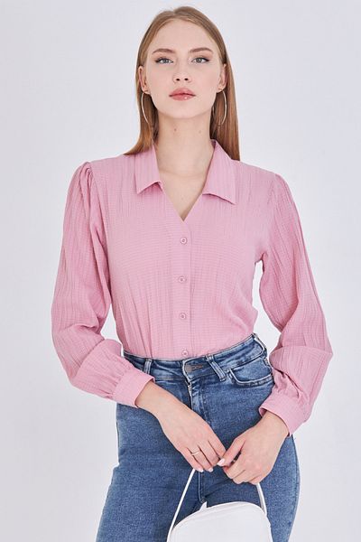 armonika Women's Powder V-Neck Balloon Sleeve Wrinkle Shirt Arm-25K001088
