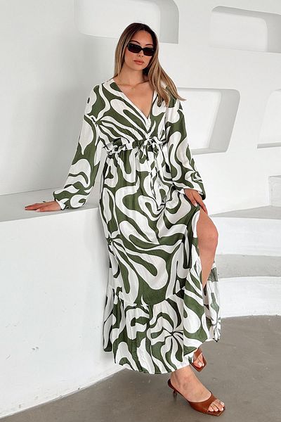 Olcay Rochie cu decolteu în V cu model cu detaliu de fantă KHAKI 9350-E