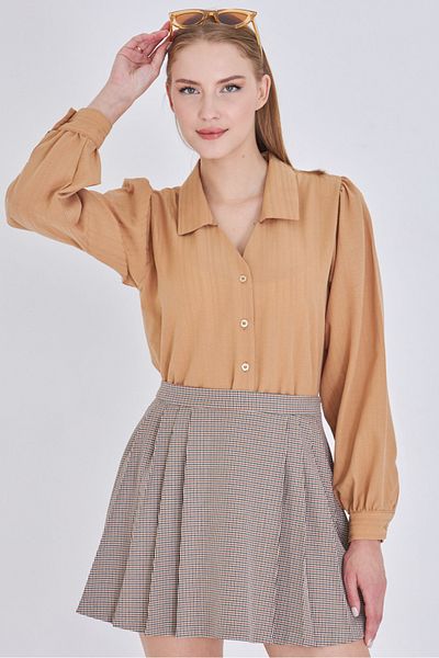 armonika Women's Mink V-Neck Balloon Sleeve Wrinkle Shirt Arm-25K001088