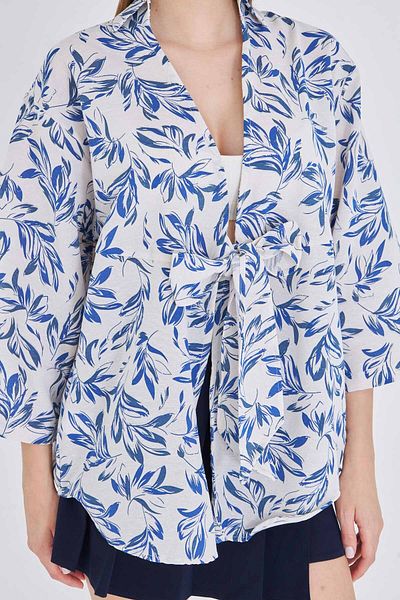 armonika Women's Saks-Ecru Patterned Linen Look Front Tie Kimono Shirt Arm-24Y001079