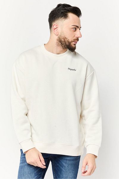 Algspar Men Crew Neck Brand Logo Long Sleeve Sweatshirts, Off White