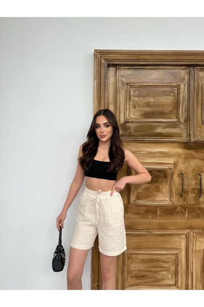 Ozy Fashion Beige (Stone) Color, Muslin Fabric, Pockets, Elastic Waist, Women's Midi Length, Summer Shorts