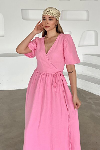 Olcay V-Neck Waist Tie Muslin Dress Pink 9354-E