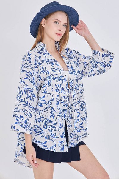 armonika Women's Saks-Ecru Patterned Linen Look Front Tie Kimono Shirt Arm-24Y001079