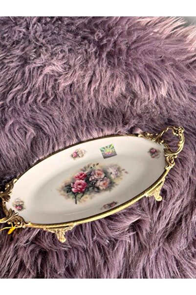 ROSSEV Antique Kulplu Oval Sunum Tabak 28cm