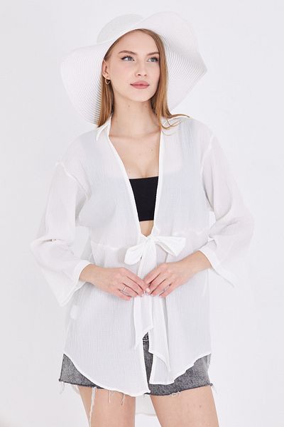 armonika Women's White Linen Look Front Tie Kimono Shirt Arm-24Y001063