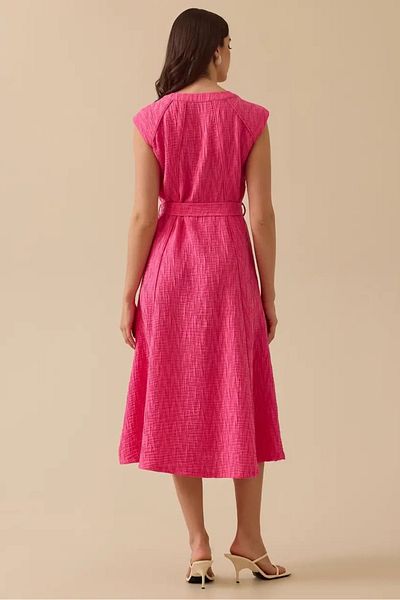 SEÇİL Women's Belted V-Neck Textured Dress - Fuchsia