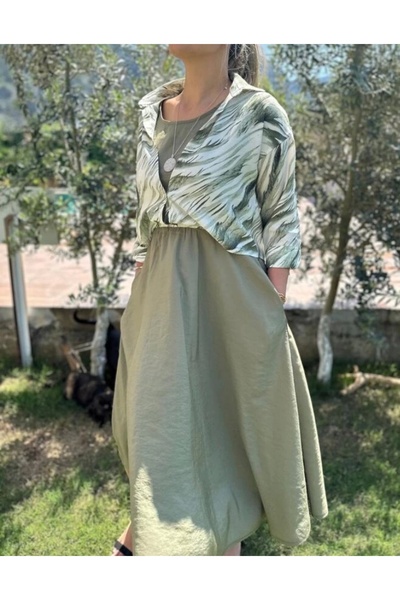 Selence Gömlek detaylı desenli kloş elbise haki